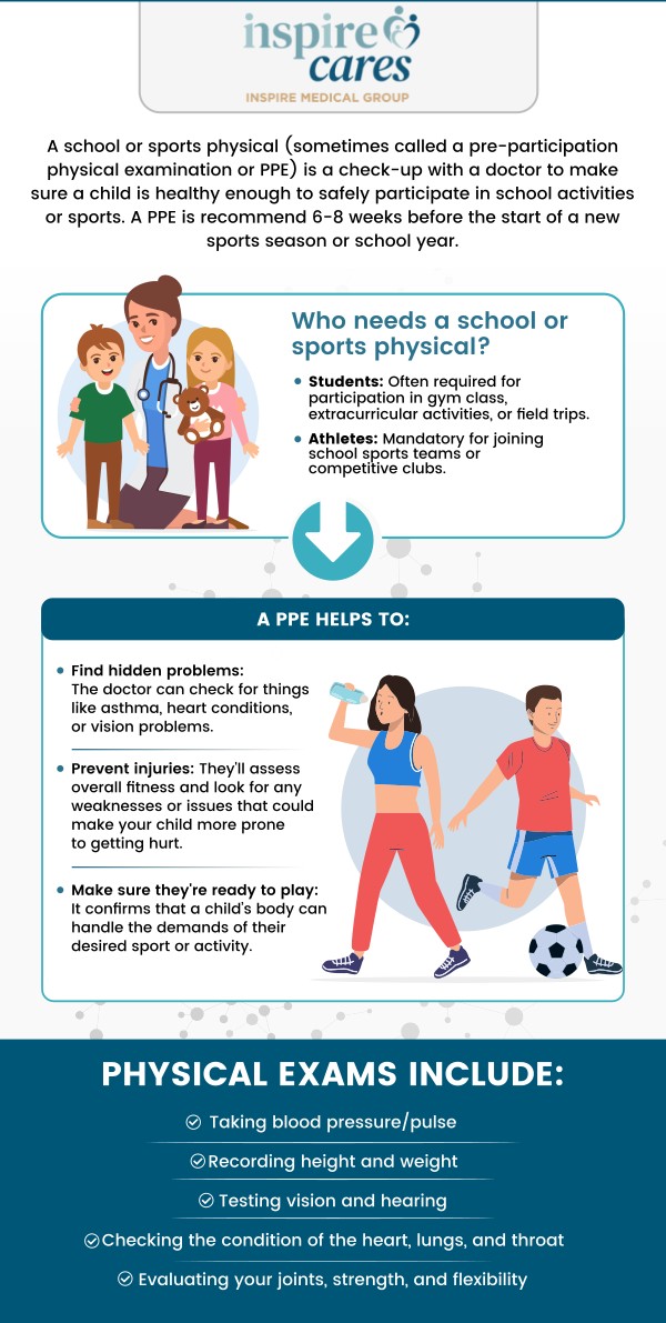 A sports physical is a routine medical exam that is often required for athletes who are training for a sport or playing a sport for a league. A sports physical is used to check the health of an athlete, evaluate injuries, and for athletic performance. Visit Inspire Medical Group of California to get comprehensive and specialized care. For more information, please contact us or request an appointment online. We are conveniently located at 333 West El Camino, Suite 230, Sunnyvale, CA 94087. A sports physical is a routine medical exam that is often required for athletes who are training for a sport or playing a sport for a league. A sports physical is used to check the health of an athlete, evaluate injuries, and for athletic performance. Visit Inspire Medical Group of California to get comprehensive and specialized care. For more information, please contact us or request an appointment online. We are conveniently located at 333 West El Camino, Suite 230, Sunnyvale, CA 94087.