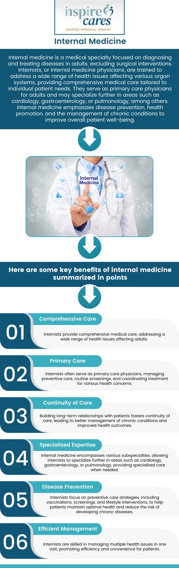 Internal medicine focuses on the prevention, diagnosis, and treatment of a wide range of adult health conditions. At Inspire Medical Group, our professional team provides comprehensive care for chronic illnesses. We offer personalized treatment plans tailored to your individual needs, ensuring the best possible care for your long-term health. For more information, contact us today or schedule an appointment online. We are conveniently located at 333 West El Camino, Suite 230, Sunnyvale, CA 94087. Internal medicine focuses on the prevention, diagnosis, and treatment of a wide range of adult health conditions. At Inspire Medical Group, our professional team provides comprehensive care for chronic illnesses. We offer personalized treatment plans tailored to your individual needs, ensuring the best possible care for your long-term health. For more information, contact us today or schedule an appointment online. We are conveniently located at 333 West El Camino, Suite 230, Sunnyvale, CA 94087.