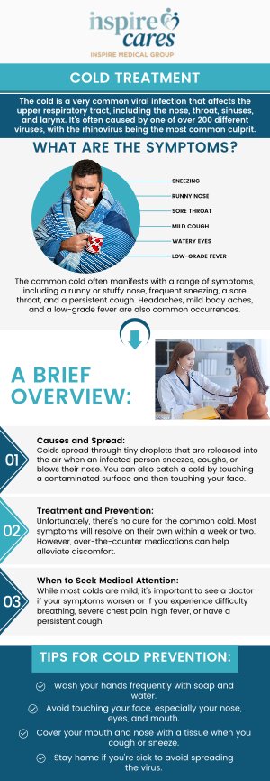 The common cold is a viral infection that affects the upper respiratory system, causing symptoms like a runny nose, cough, sore throat, and congestion. At Inspire Medical Group, we offer effective treatment to help alleviate these symptoms and speed up your recovery. Our professional team provides personalized care, using proven methods to reduce discomfort and get you back to feeling your best. For more information, contact us today or schedule an appointment online. We are conveniently located at 333 West El Camino, Suite 230, Sunnyvale, CA 94087.